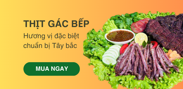 Banner quảng cáo thịt trâu gác bếp Tây Bắc, đặc sản truyền thống với hương vị đậm đà. Hình ảnh đĩa thịt gác bếp kèm rau sống và nước chấm.